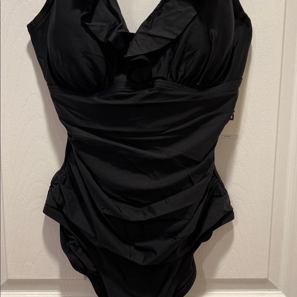DKNY Black Ruffle Plunge One-Piece Swimsuit NWT - Picture 11 of 11